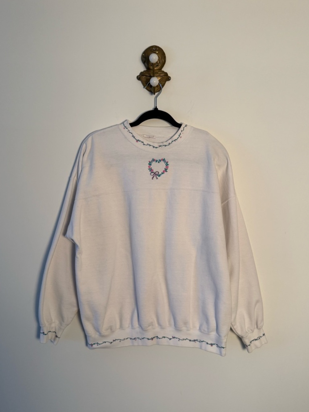 Vintage Crewneck Sweater with Embroidered Floral Wreath